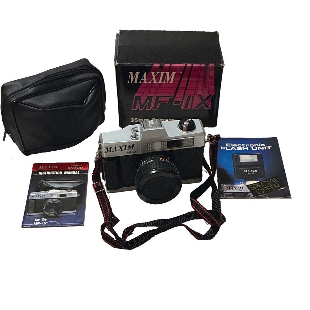 Vintage Maxim MF-1X 35mm Film Camera Tested Box Case Manual Strap Near Mint